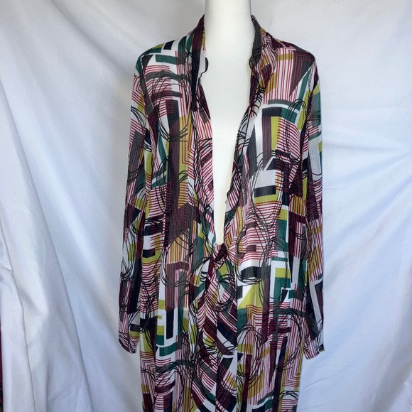 UNITS Multicolor Abstract Print Sheer Tie Front Maxi Duster Caftan - Picture 1 of 7